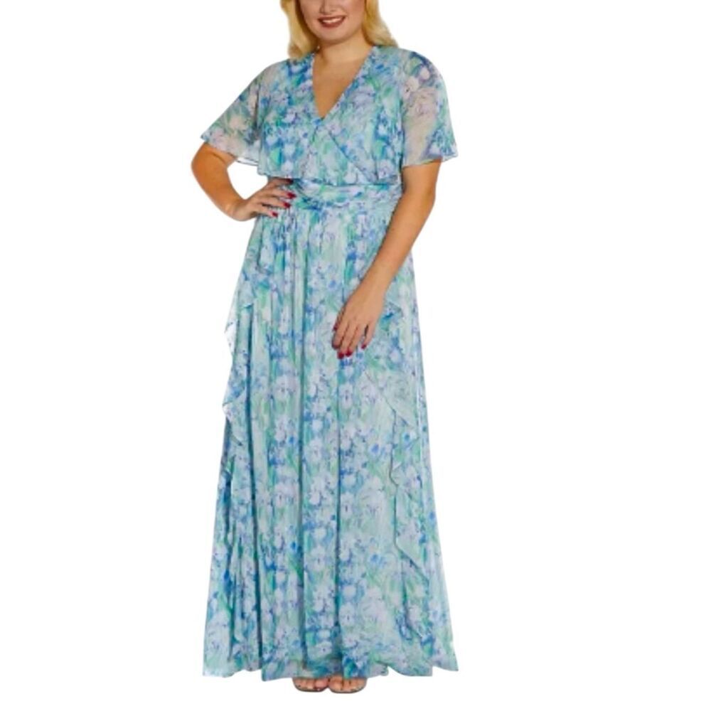ADRIANNA PAPELLāBlue Floral Chiffon Capelet Spring Wedding Guest Maxi Dress 24W